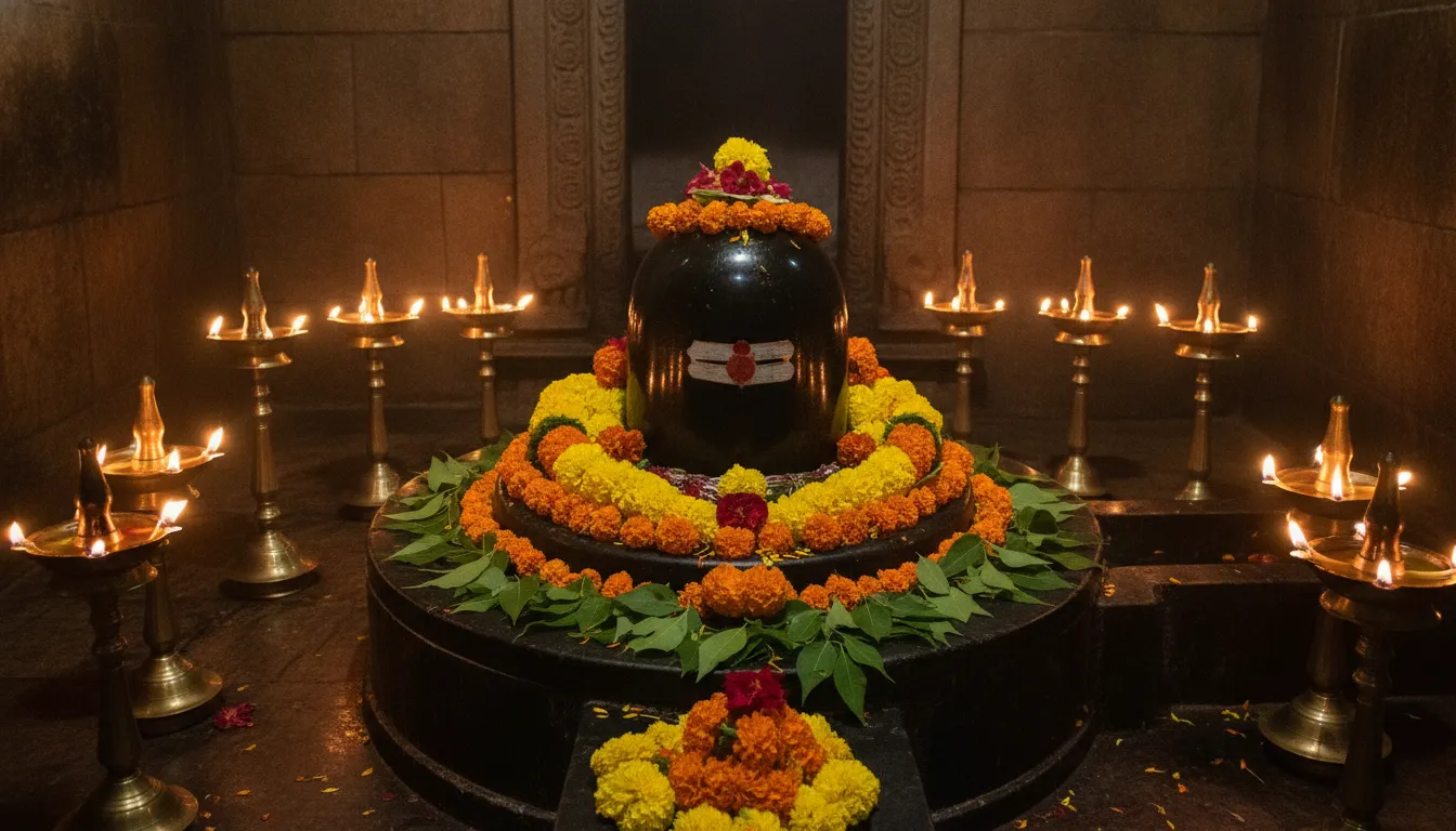 Sacred stone Shivling inside a traditional Indian temple surrounded by burning oil lamps and fresh marigold flowers.