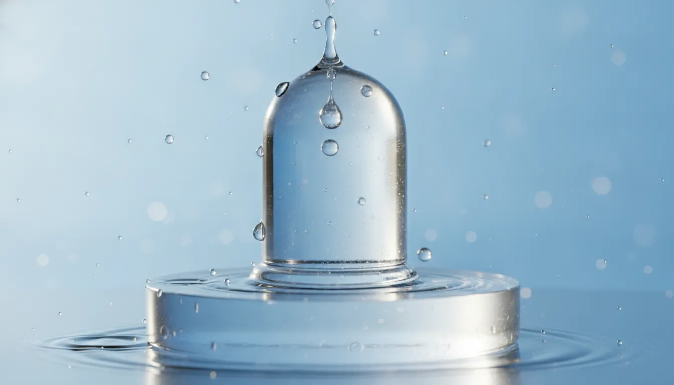 Transparent crystal Sphatik Shivling with clean water droplets falling on top against a peaceful blue backdrop.