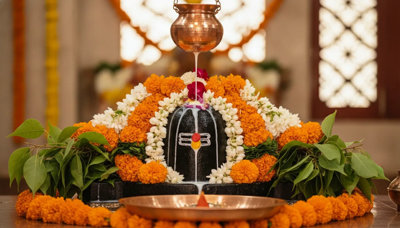 Beautifully decorated Bahubali Shivling with flowers and Bael leaves for a ritual.