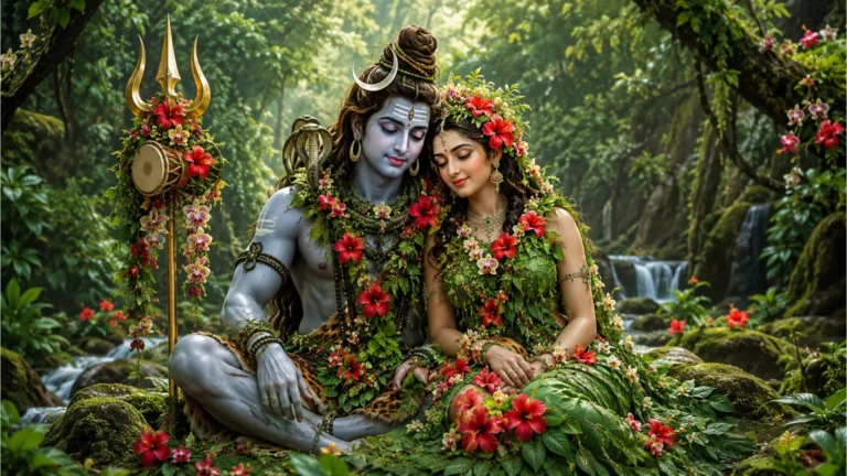 shiva parvati sacred forest background green leaves wild flowers trishul