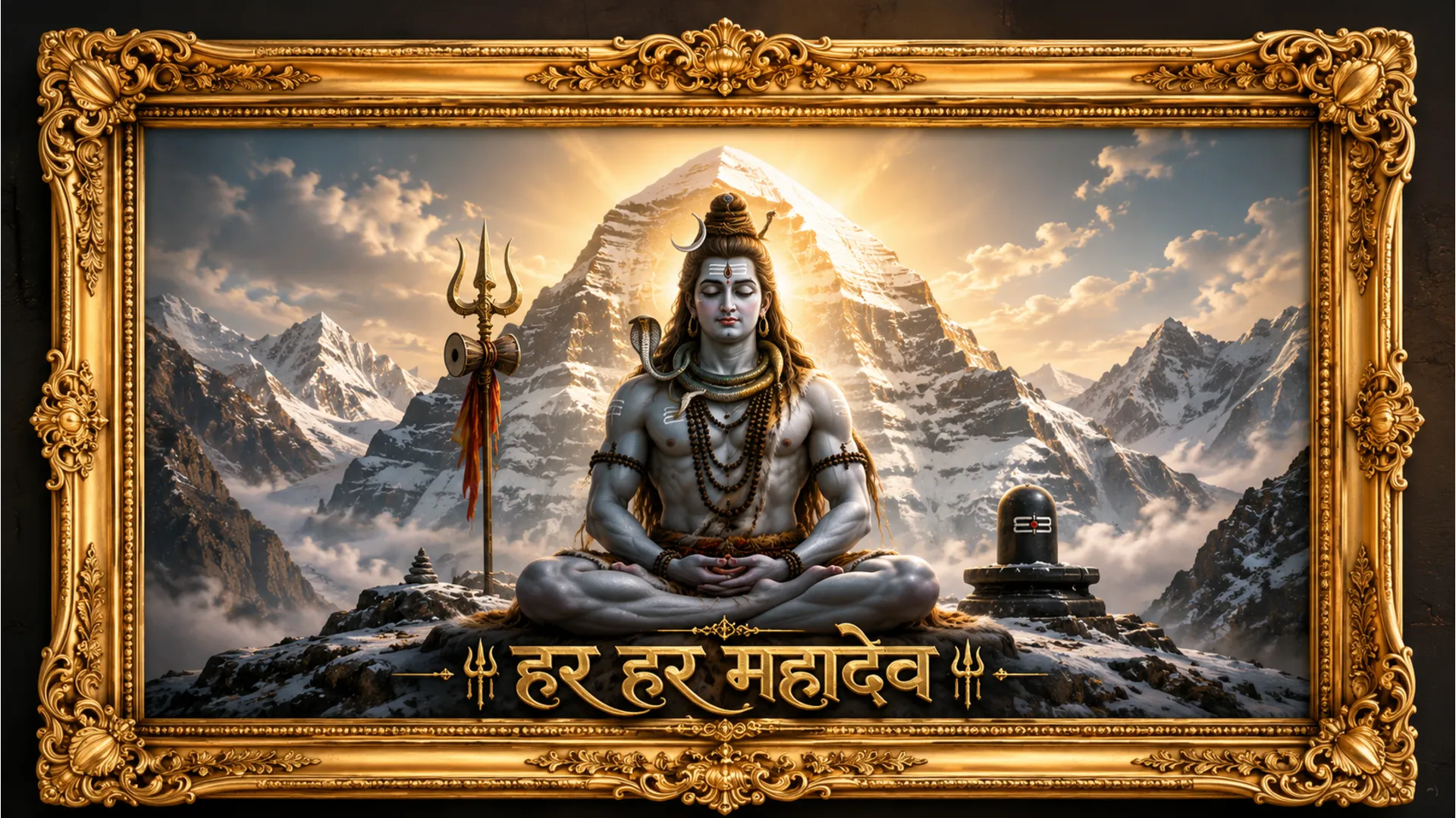 Traditional golden har har mahadev photo frame with Lord Shiva in meditation pose