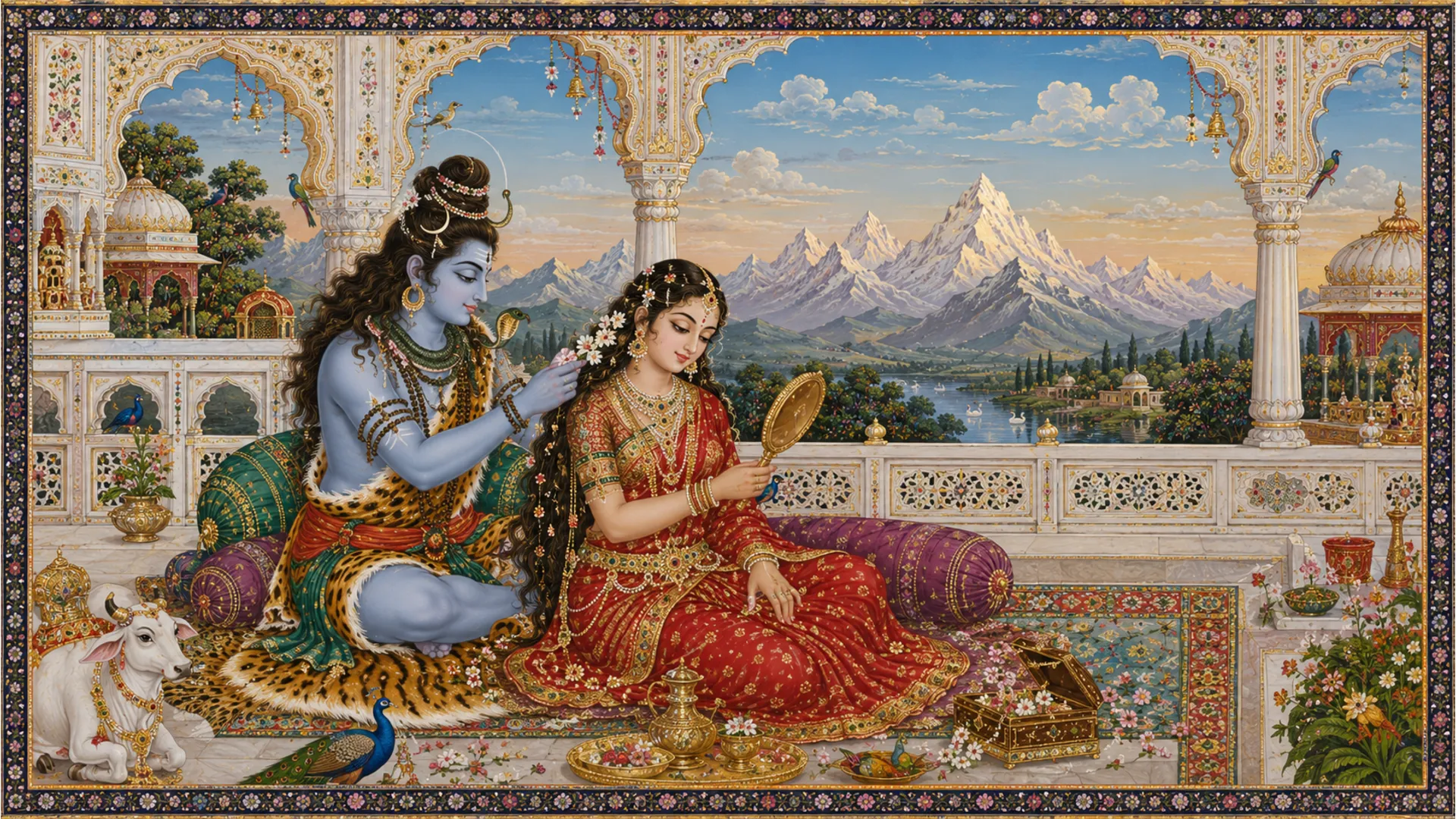 Traditional Indian miniature style painting depicting Lord Shiva decorating Parvati hair with flowers in a palace balcony.