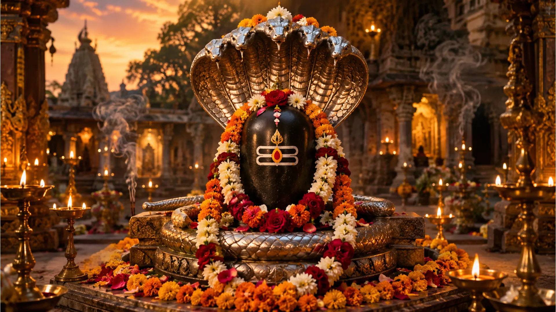 Lord Shiva Jyotirlinga style Shivling image photo decorated with marigold and rose flowers