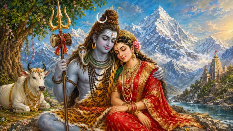 Traditional Indian style painting of Shiva and Parvati sitting together on Mount Kailash surrounded by snow peaks and greenery.