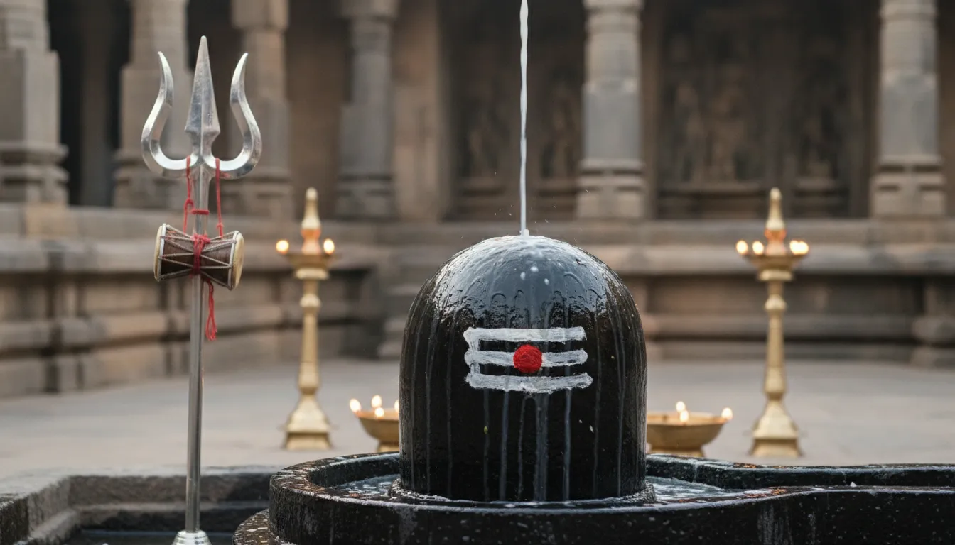 Ancient black stone Shivling decorated with a silver Trishul and tripundra tilak markings.