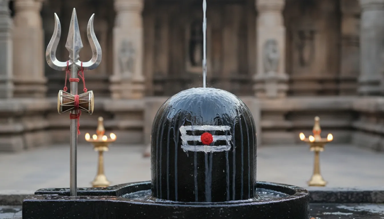 Ancient black stone Shivling decorated with a silver Trishul and tripundra tilak markings.