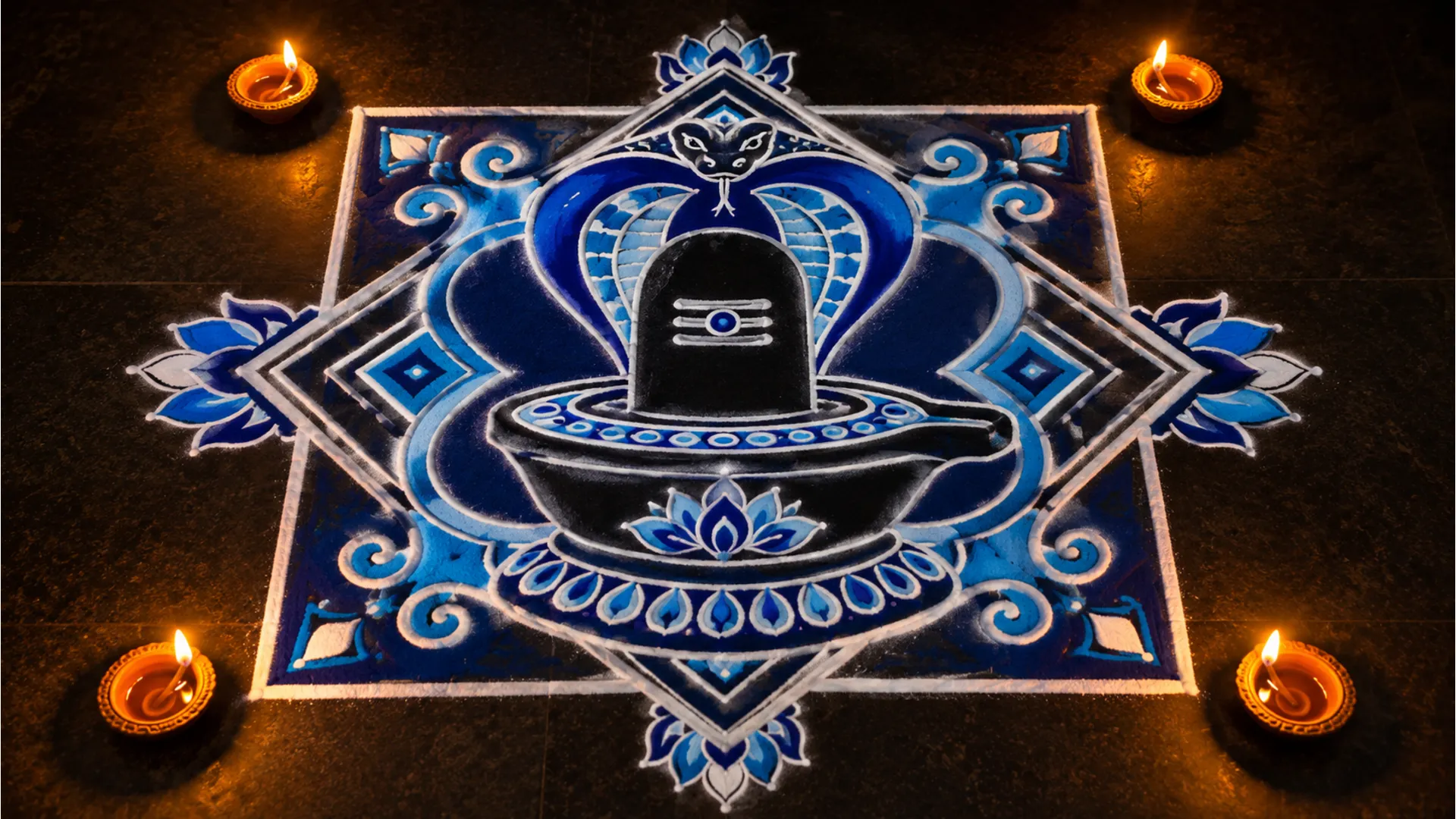 Full HD image of a traditional Shivling rangoli made with white and blue colors using a grid dot pattern.