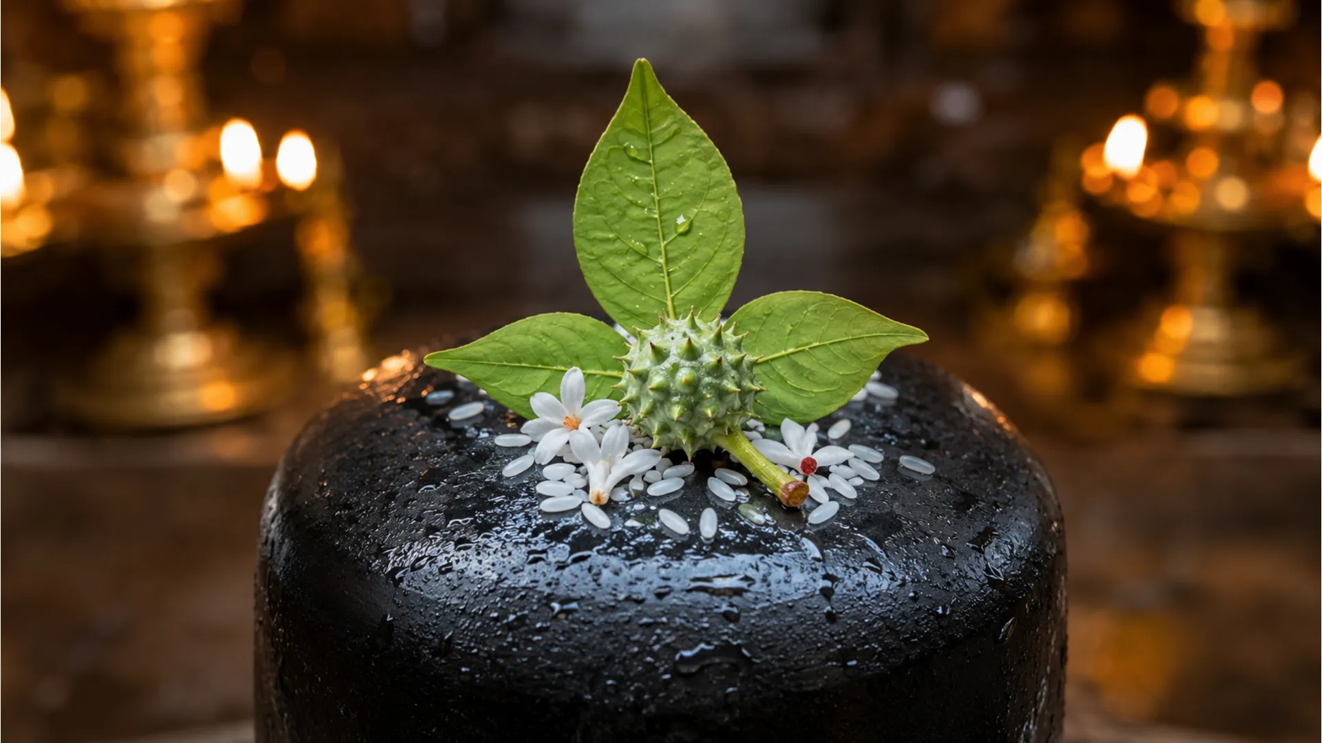 Full HD macro photo of a Shivling with sacred offerings like Datura fruit, Bilva leaves, and white rice grains.