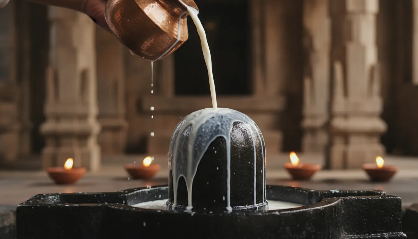 Close up full hd image of black stone shivling with fresh milk pouring over it.