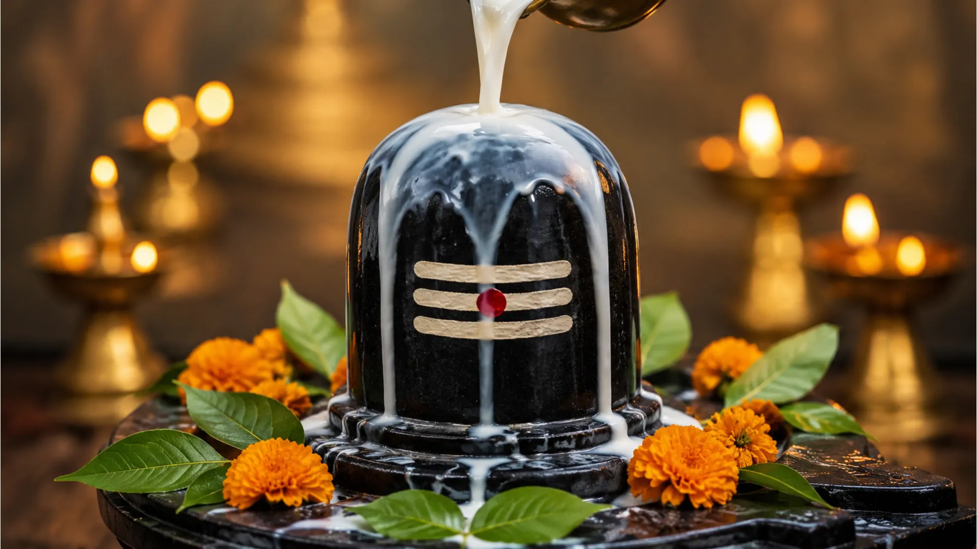 Black stone Shivling with holy milk abhishekam and marigold flowers decoration.