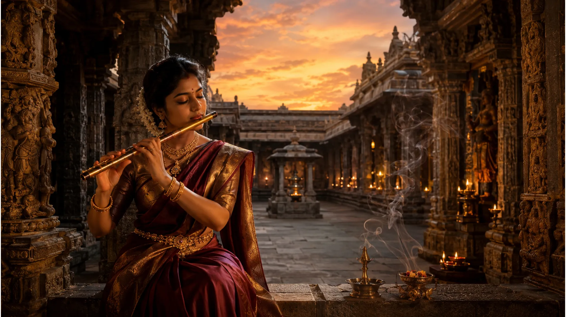 Classical digital painting of a woman playing a flute near carved stone pillars of an ancient temple.