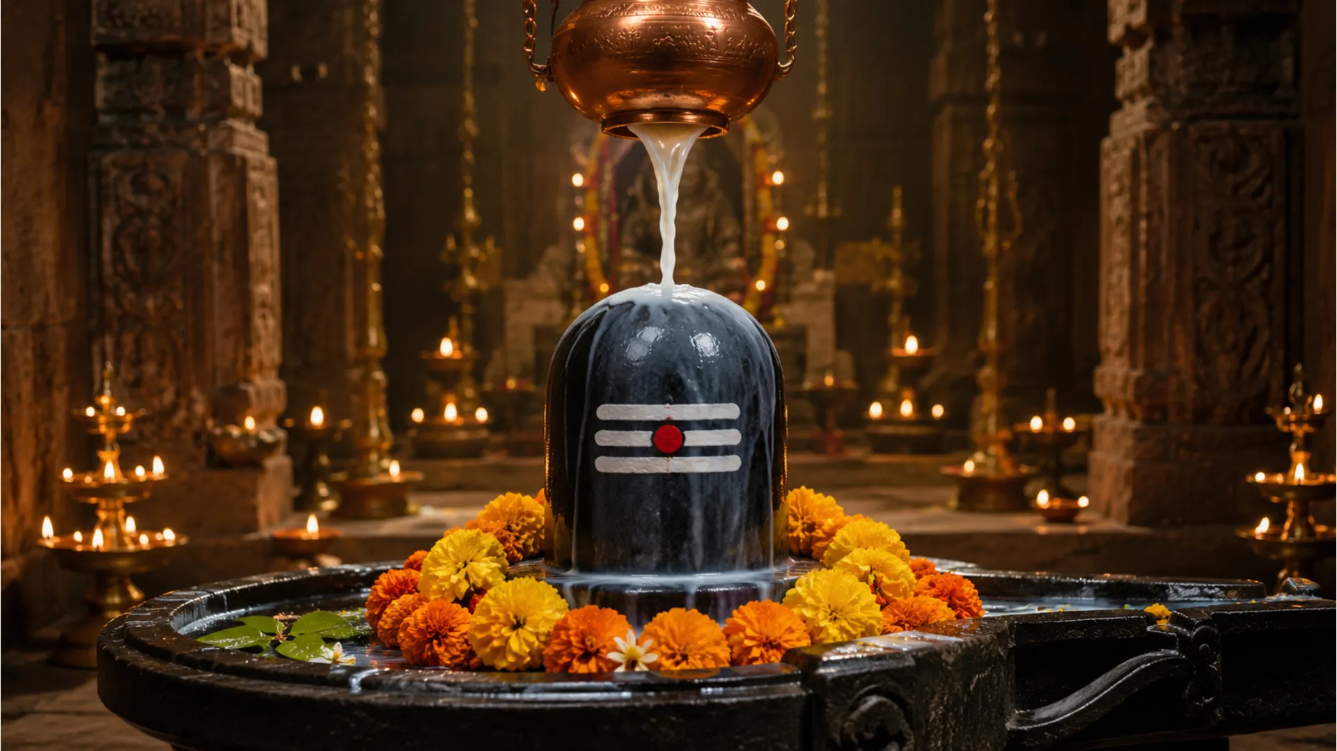 A sacred black stone Shivling with milk pouring from a copper pot during traditional puja ritual in Full HD.