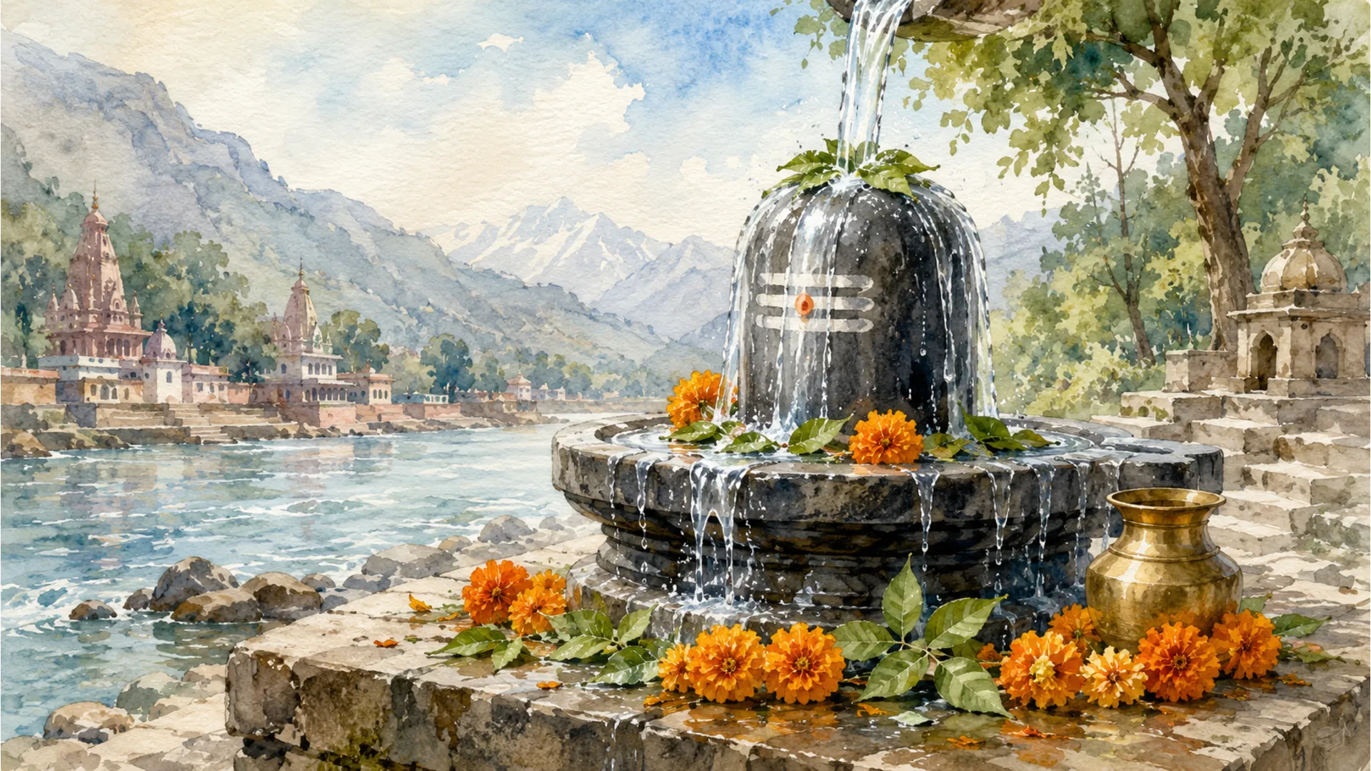 Traditional Indian watercolor painting of Lord Shiva Lingam with holy river Ganga flowing.