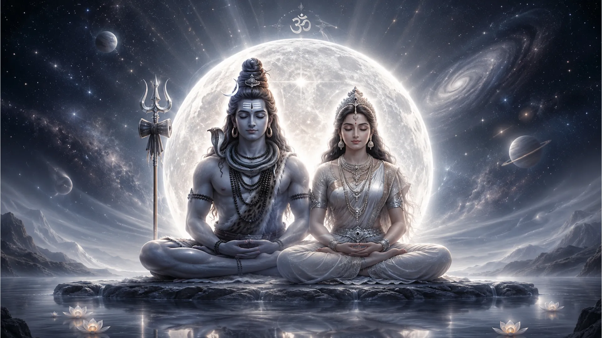 transcendental meditation pose of shiva parvati with silver moon