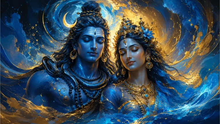 Abstract spiritual painting of meditative Shiva and Parvati with fluid neon blue and gold colors.