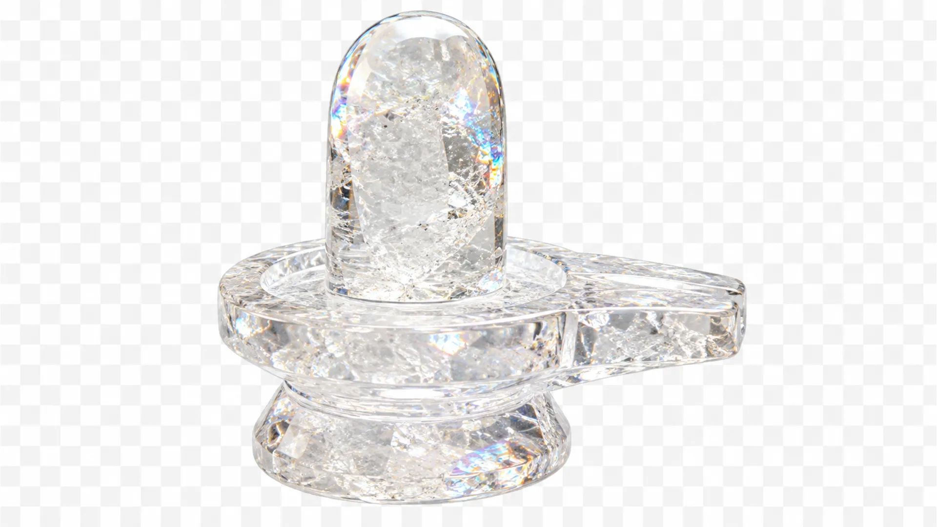 Beautiful translucent crystal quartz shivling reflecting prismatic rainbow light, transparent background.