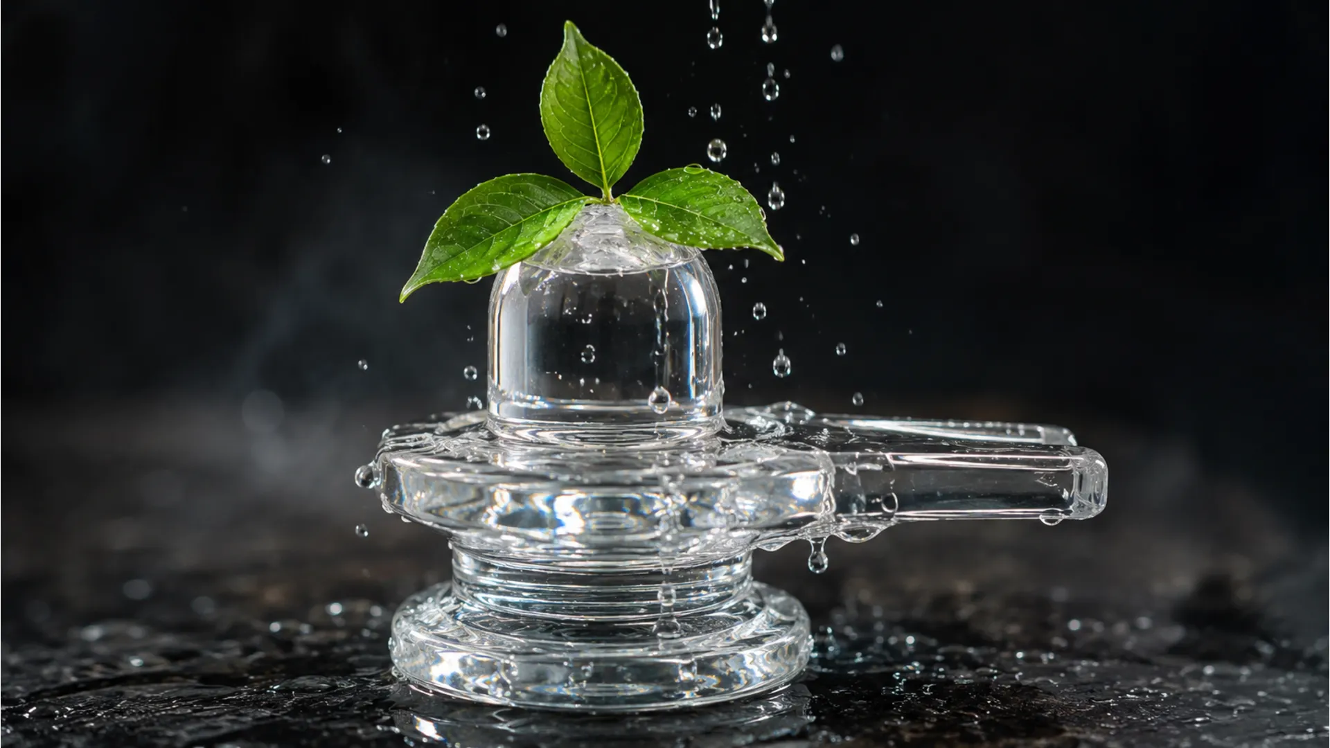 Pure transparent crystal Sphatik Shivling image photo with fresh water droplets and bael leaves
