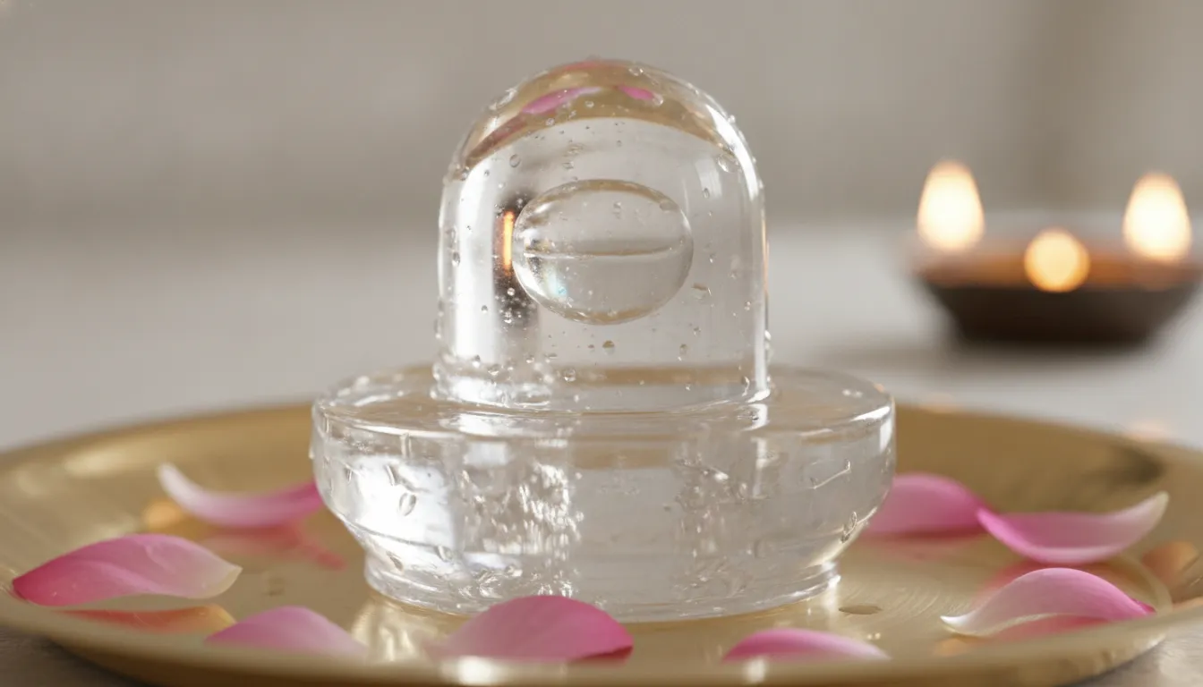 Transparent crystal sphatik shivling refracting light with water droplets on it.