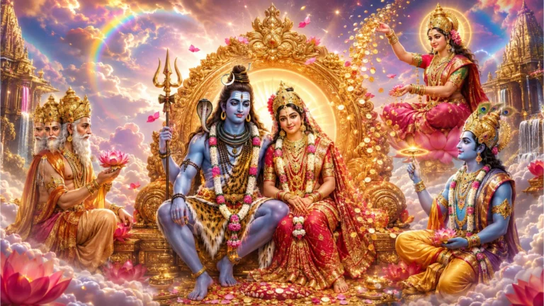 Divine scene of Lord Vishnu, Lord Brahma, and Goddess Lakshmi blessing the newly married Shiva and Parvati.