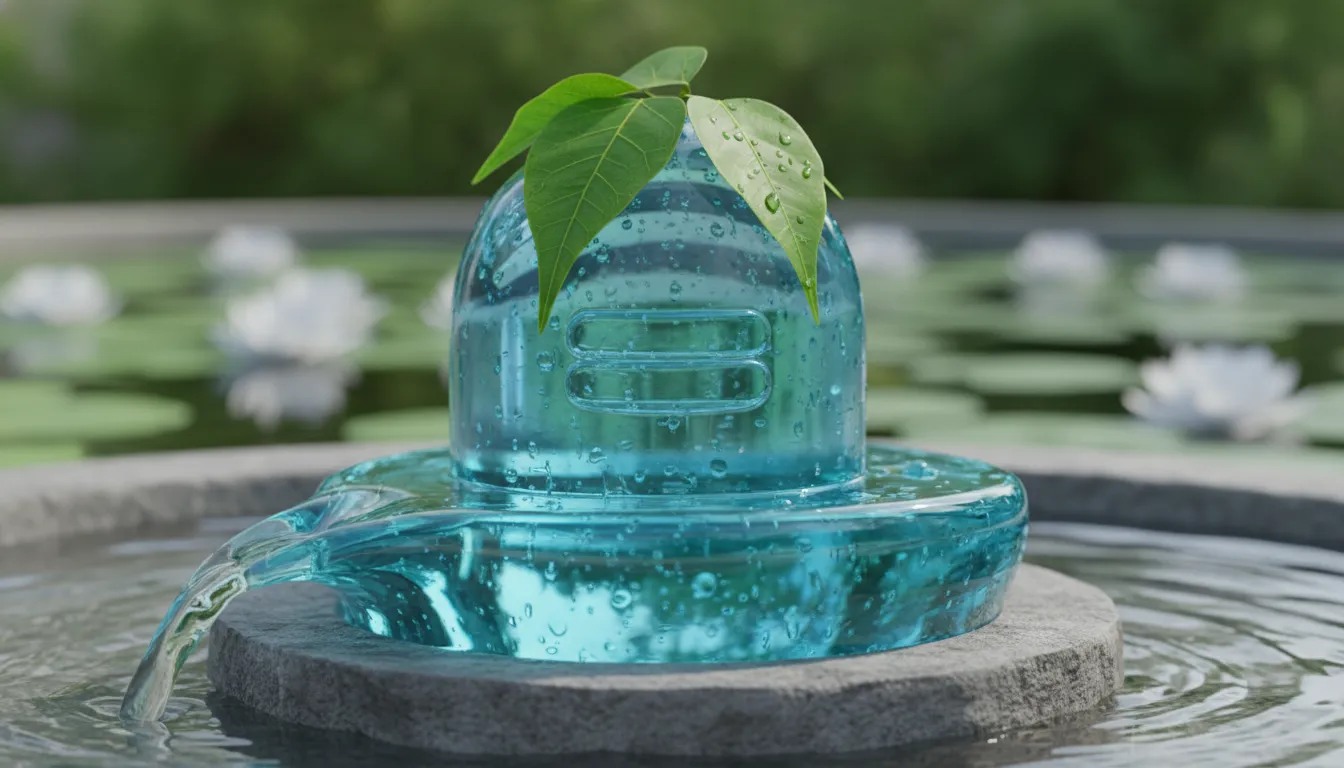 Turquoise blue liquid glass texture Shivling images with bili patra leaves.