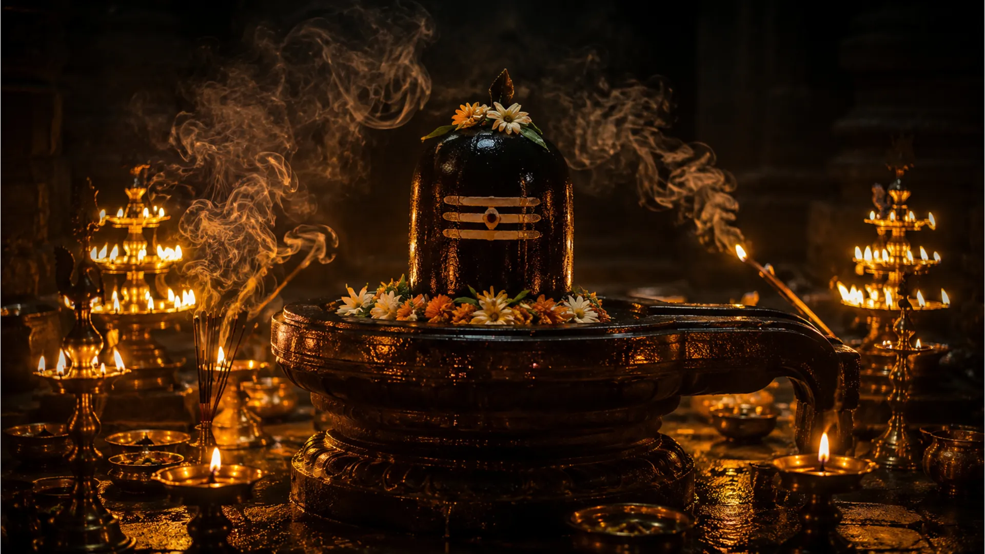 Tarakeswar shivling image illuminated naturally by the orange flames of traditional brass oil lamps.
