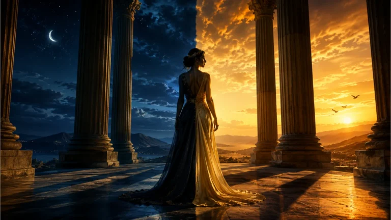 Majestic deity representing masculine and feminine unity standing under a split twilight sky inside a temple ruin.