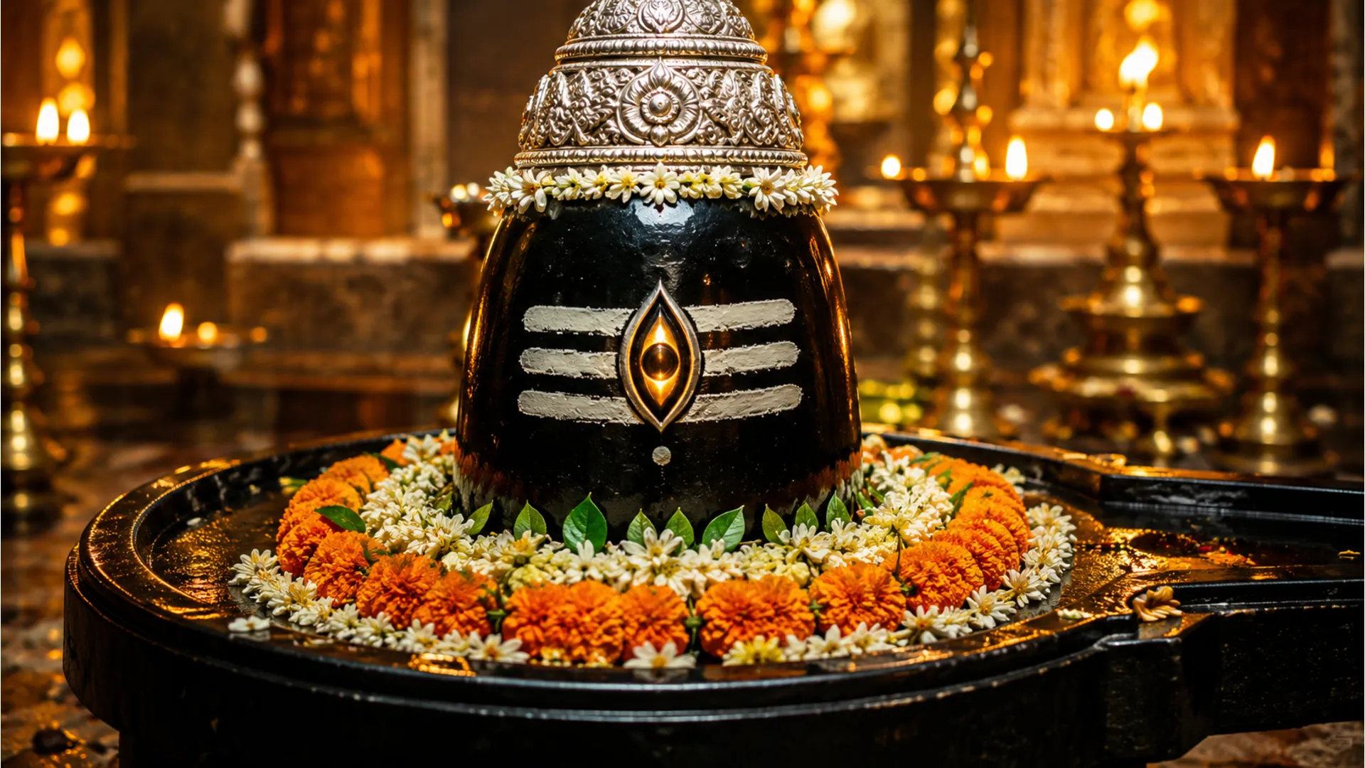 Mahakal shivling images hd showing the daily morning shringar at Ujjain temple with silver crown and third eye.