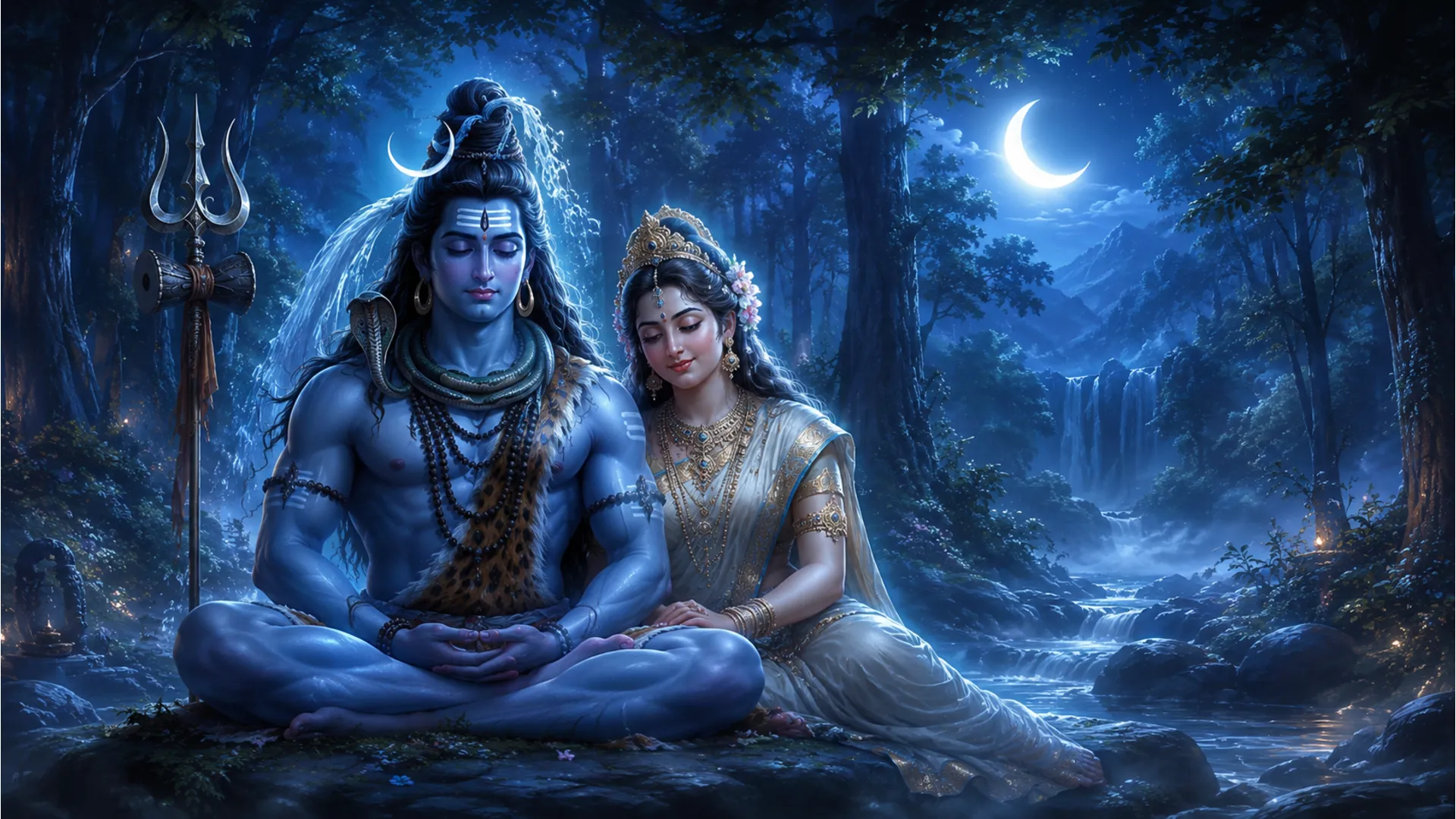 ultimate serenity hd image of shiva parvati meditating under moon glow