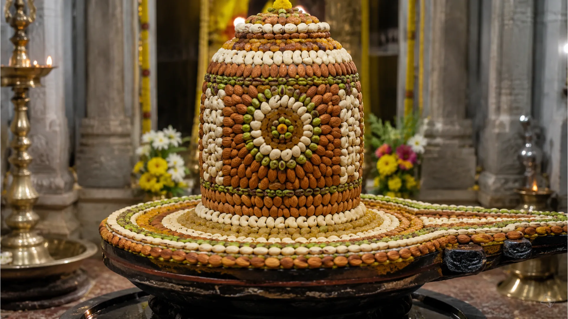 A beautiful decorative arrangement of almonds, cashews, and raisins covering a temple Shivling