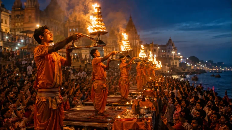 A dynamic clear photo camera photograph taken at dusk on the Varanasi ghats, showing young priests performing the Ganga Aarti with large brass lamps while hundreds of devotees with raised hands chant Har Har Mahadev.