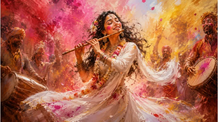 Energetic devotional artwork of musicians playing flutes during a colorful festival celebration.