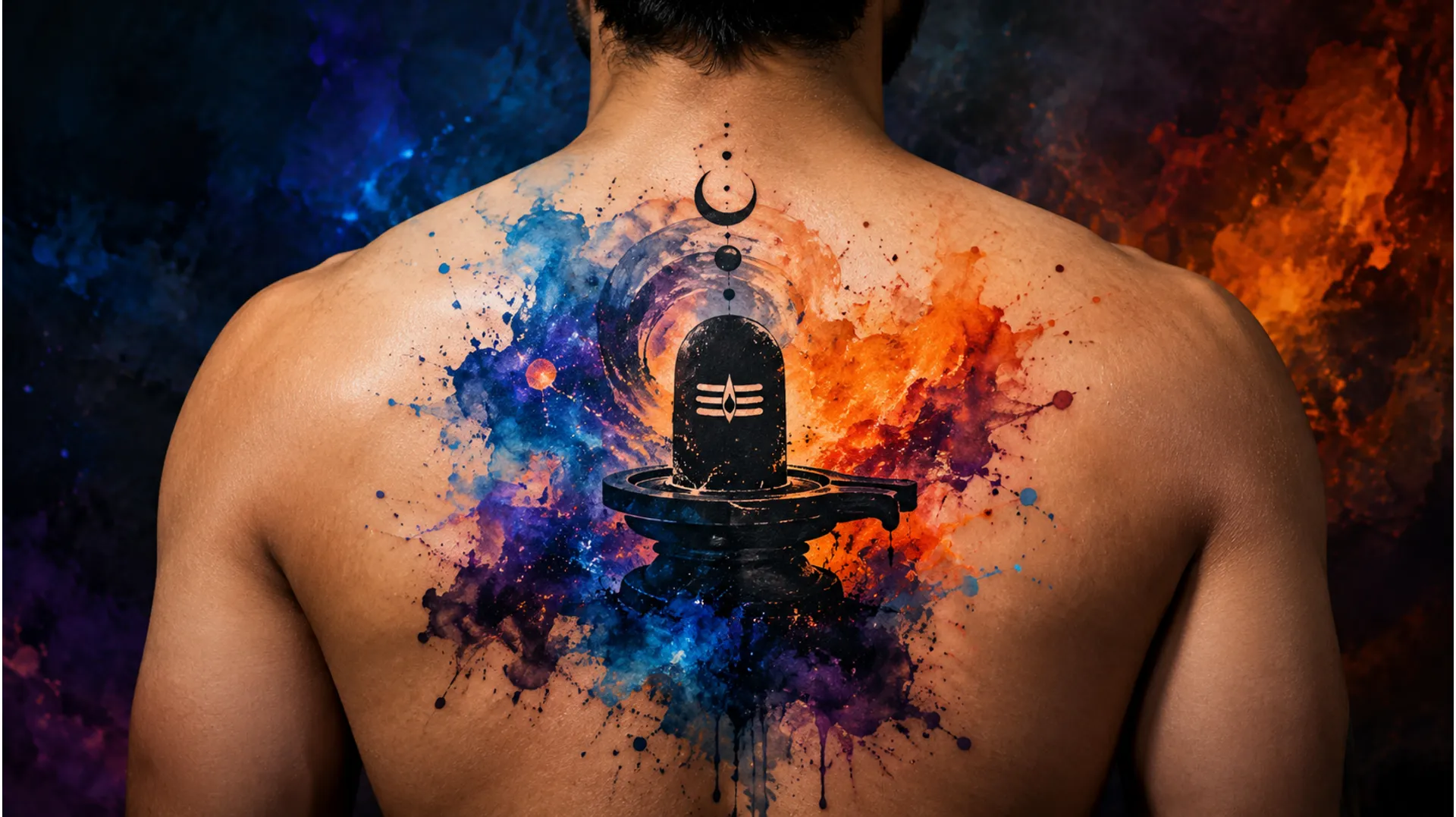 Abstract watercolor style shivling tattoo image on the back with vibrant splashes of cosmic blue, purple, and orange ink.