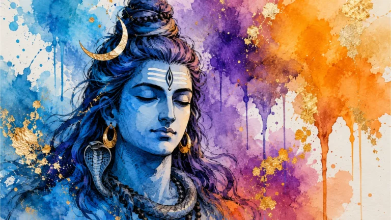 Colorful watercolor painting of Lord Shiva with artistic paint splashes.