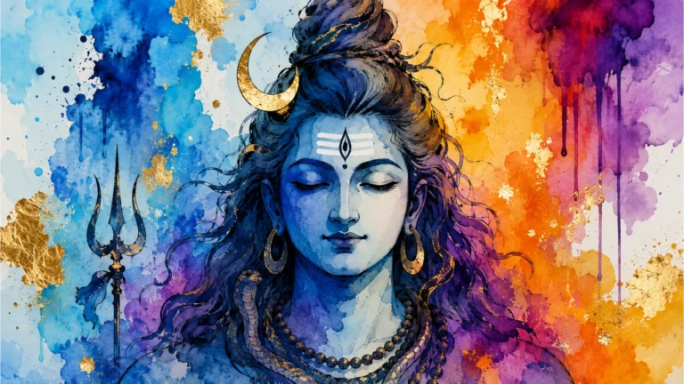 Colorful watercolor painting of Lord Shiva with artistic paint splashes.