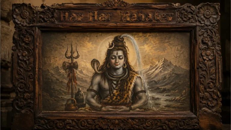 Rustic vintage wooden carved har har mahadev photo frame for wall decor