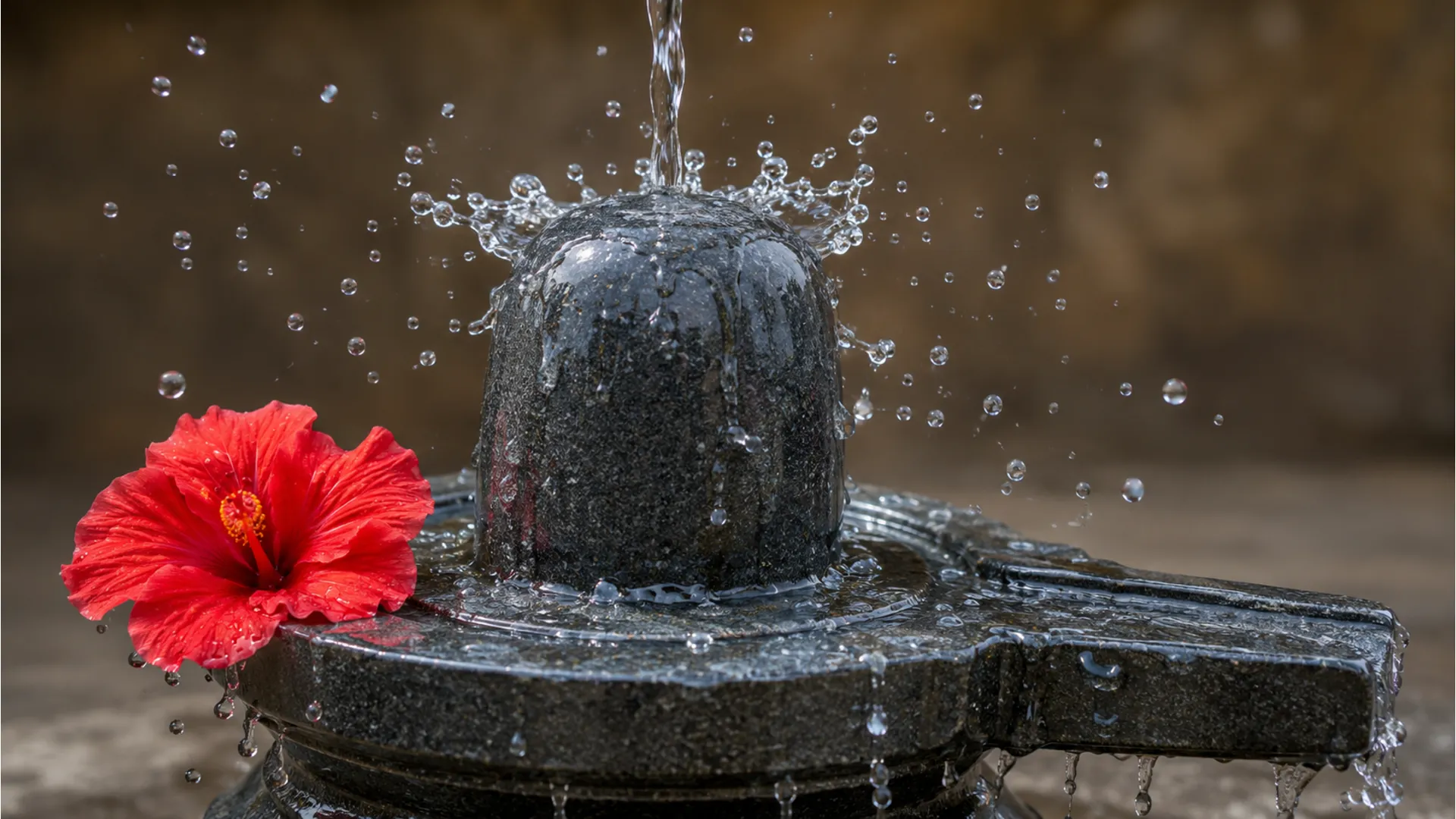 Holy water splashing over a smooth river stone Shivling setup