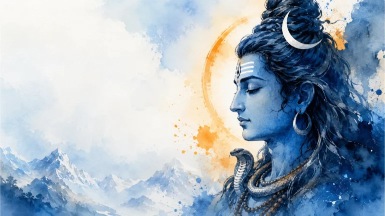 A beautiful watercolor painting of Lord Shiva with splashes of blue and orange colors.