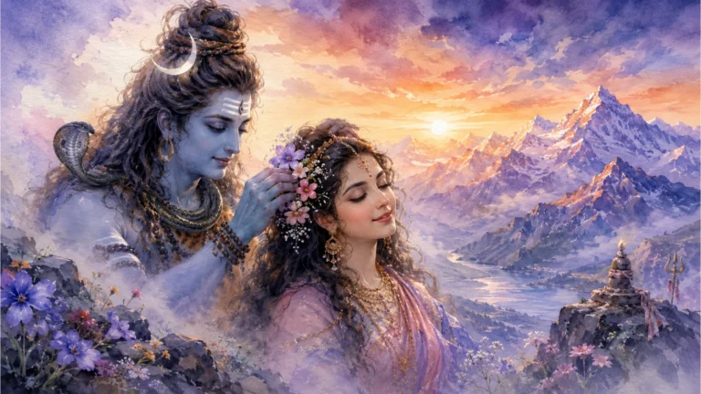 Soft watercolor painting of Lord Shiva and Parvati on Mount Kailash with Shiva putting flowers in her hair during sunset.