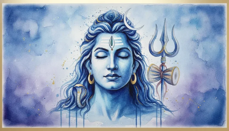 An artistic watercolor painting of Lord Shiva with beautiful color splashes.