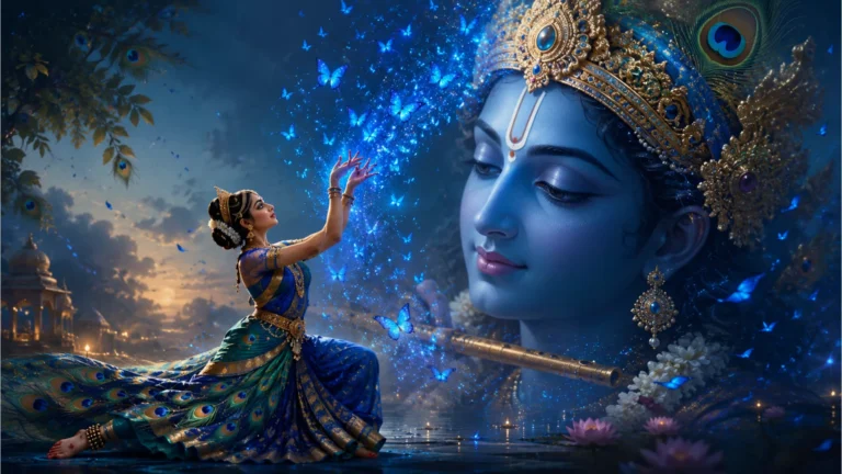 Classical Indian dancer in a peacock-themed outfit performing in front of a large blue Krishna face.