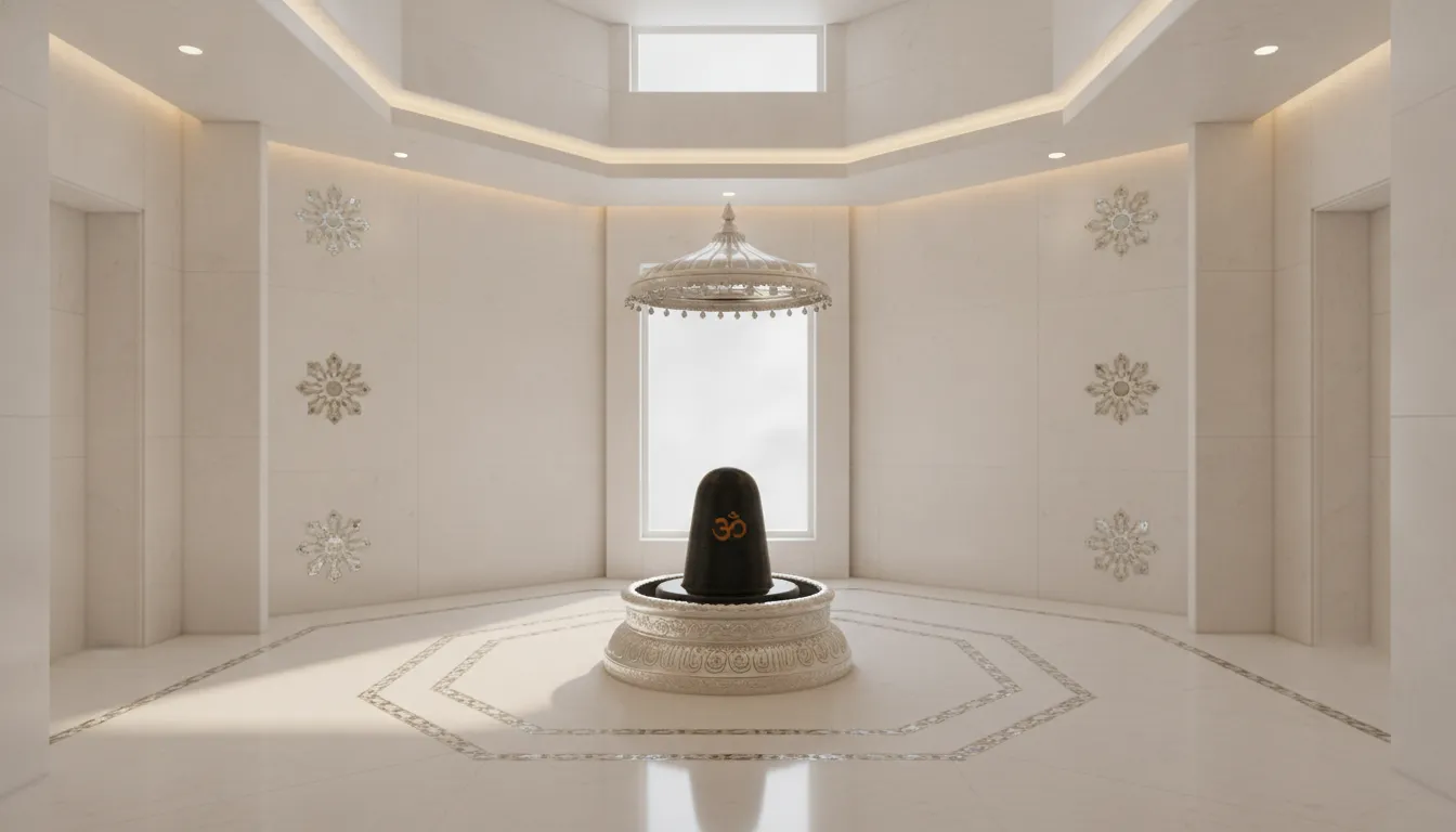 Elegant Omkareshwar shivling image inside a pristine white marble temple sanctum with silver decorations.