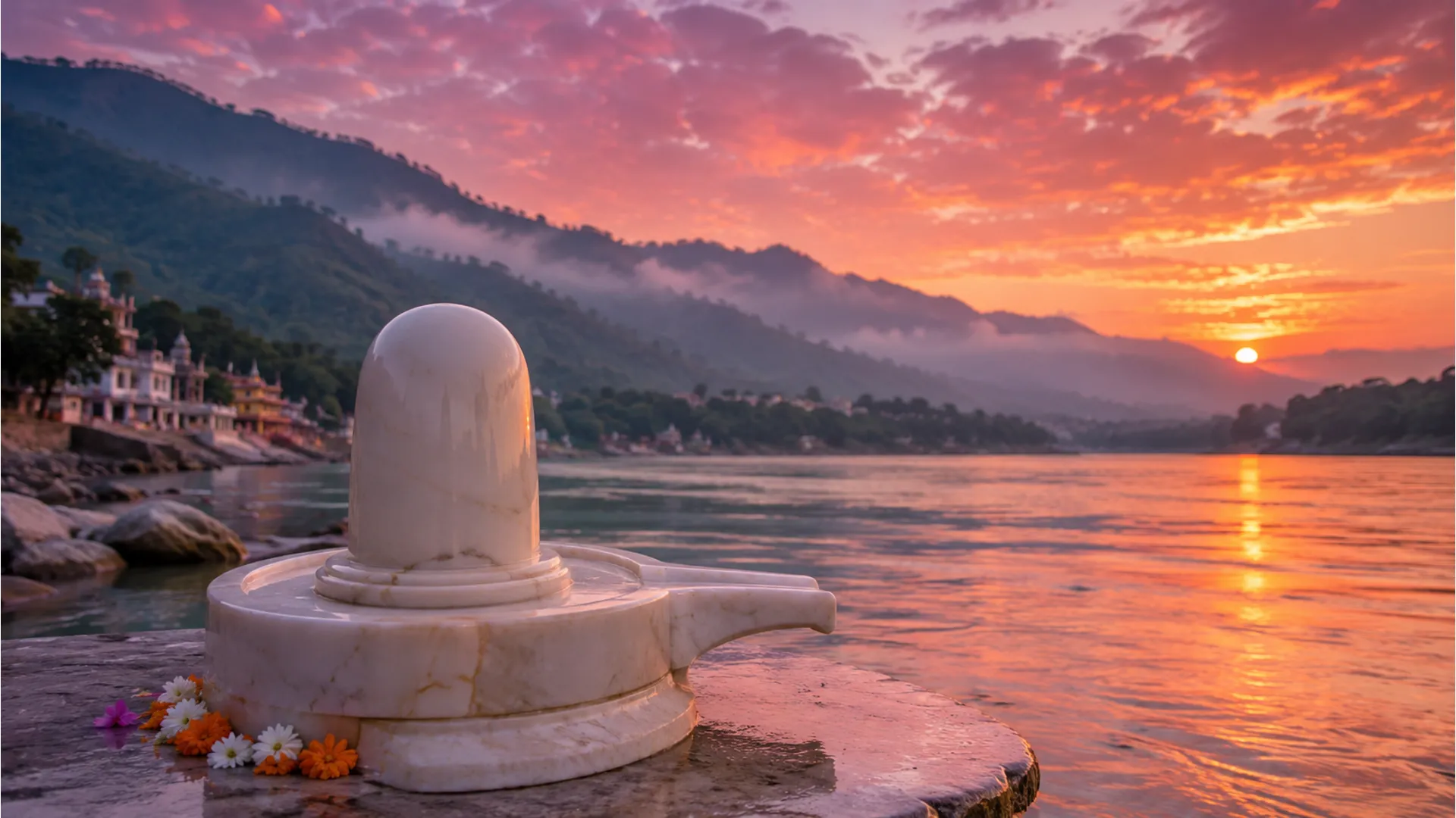 Pristine white marble Shivling located on the banks of the holy River Ganga during sunset.