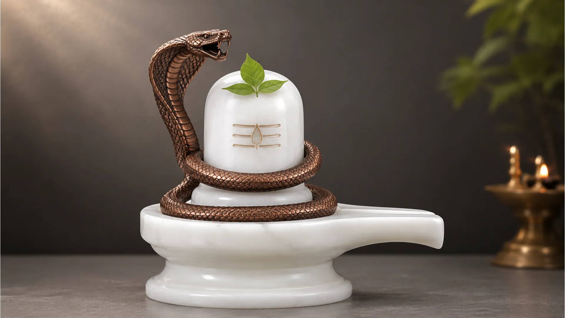 A clean white marble Shivling with a dark metallic copper snake coiled around it