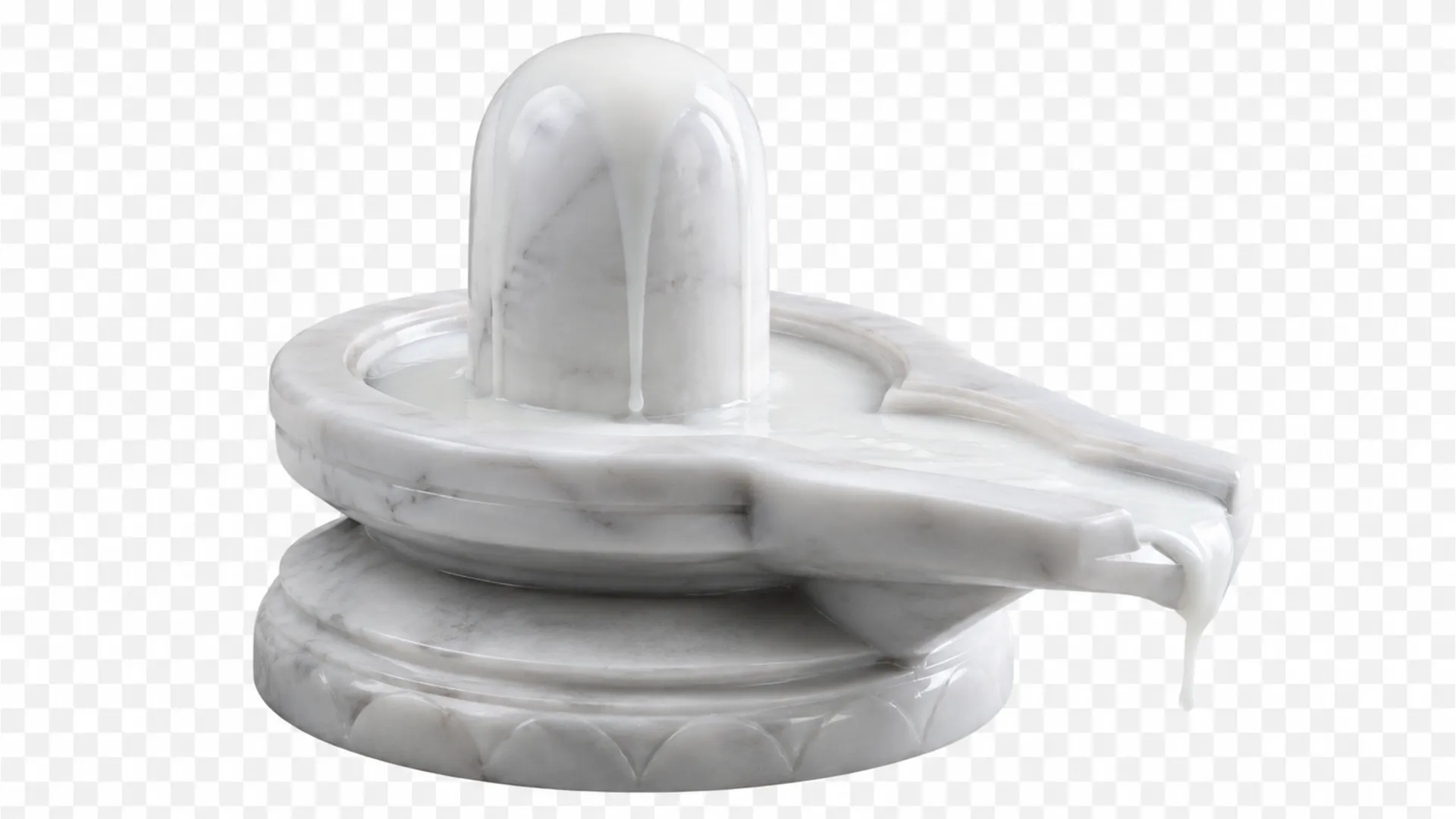 Elegant white marble shivling with fresh milk flowing over the surface, transparent PNG asset.