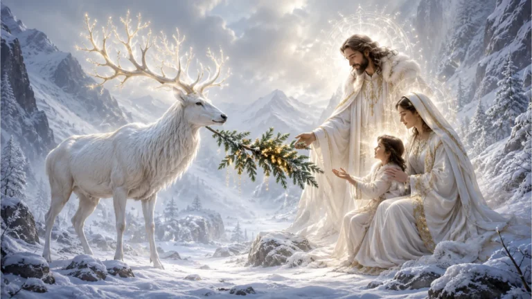 A sacred white stag presenting a glowing branch to a divine family in winter