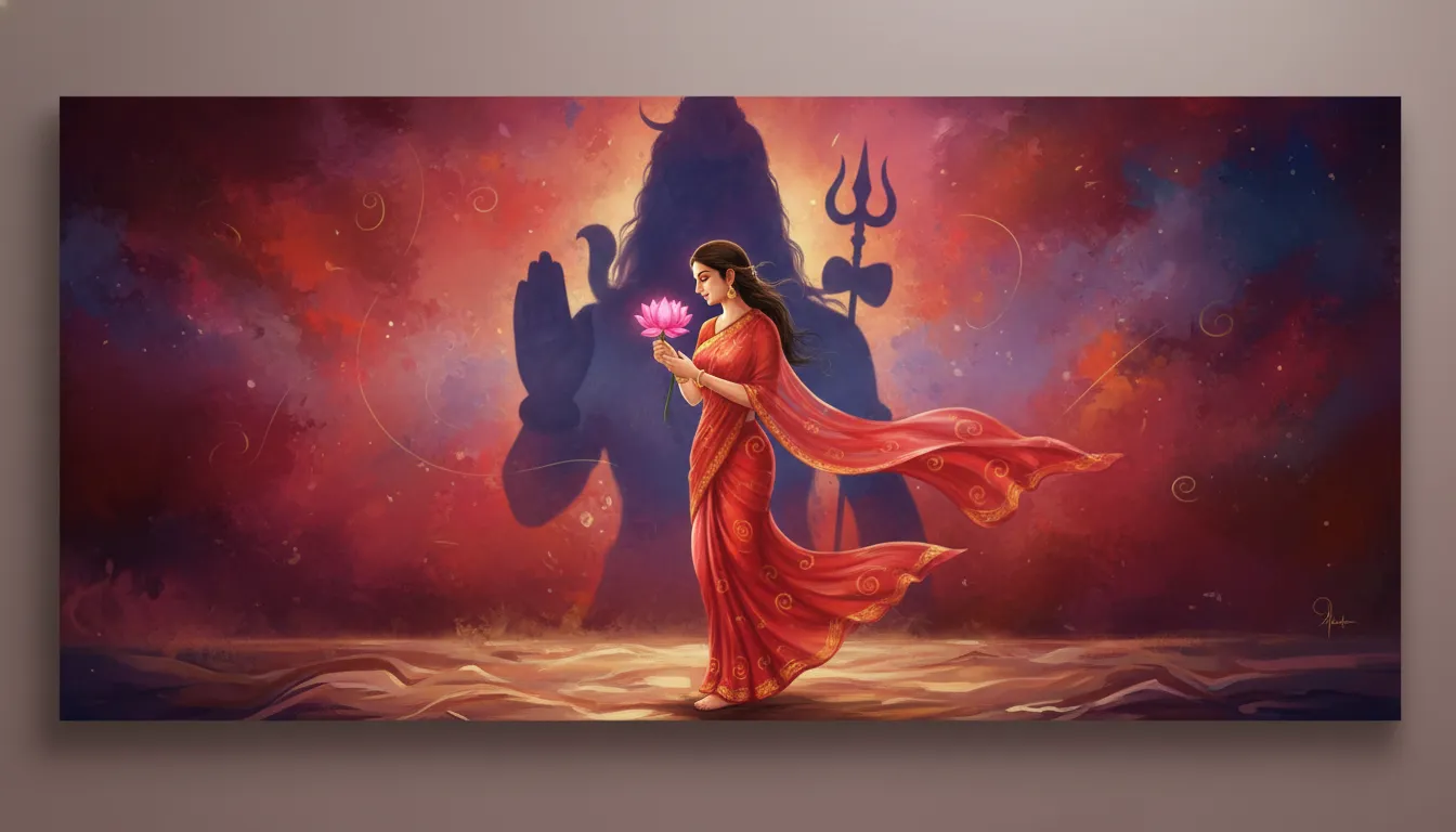 parvati red saree holding pink lotus flower lord shiva shadow blessing pose