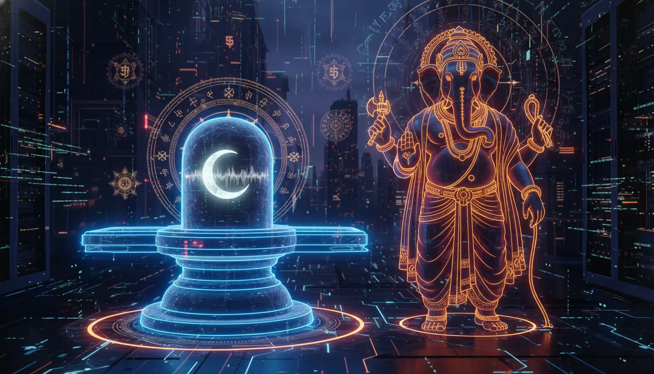 Futuristic cyber spiritual full hd images of shivling with ganesha with glowing neon lights.