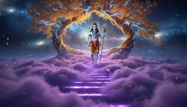 Lord Shiva walking up a mountain path surrounded by thick glowing neon fog and mystical trees.