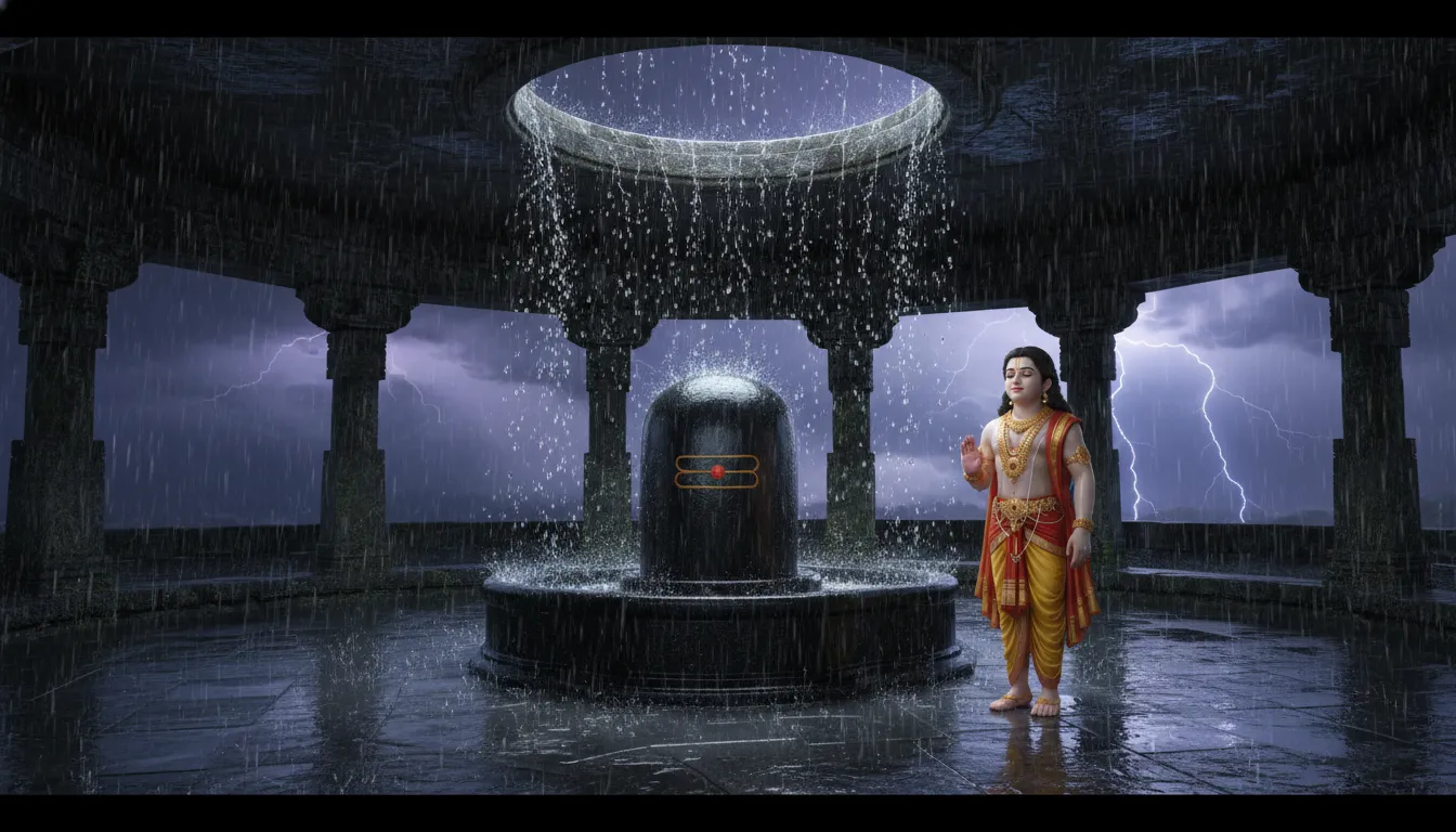 Full HD images of shivling with kartikaye standing during a fresh monsoon rain shower in an open temple.