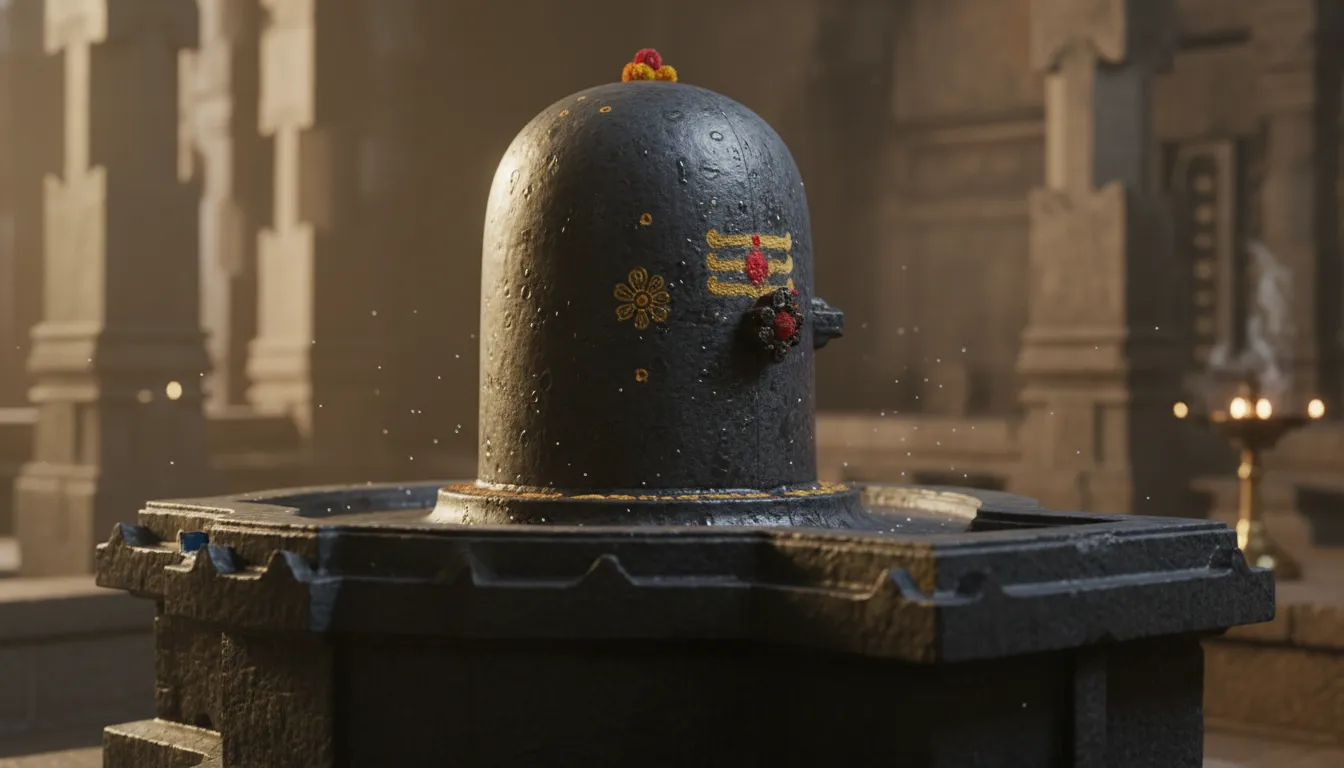 Angular three-quarter view of a dark marble temple shivling showcasing the seamless connection between the front surface and back curvature.